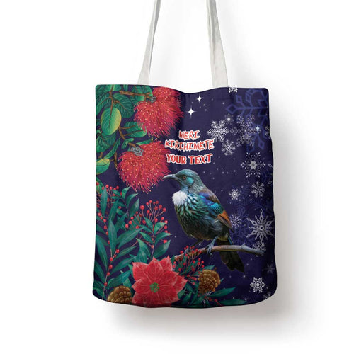 Tui Meri Kirihimete Personalised Tote Bag Pohutukawa Flowers Blue Motif - Aussie Hoodie