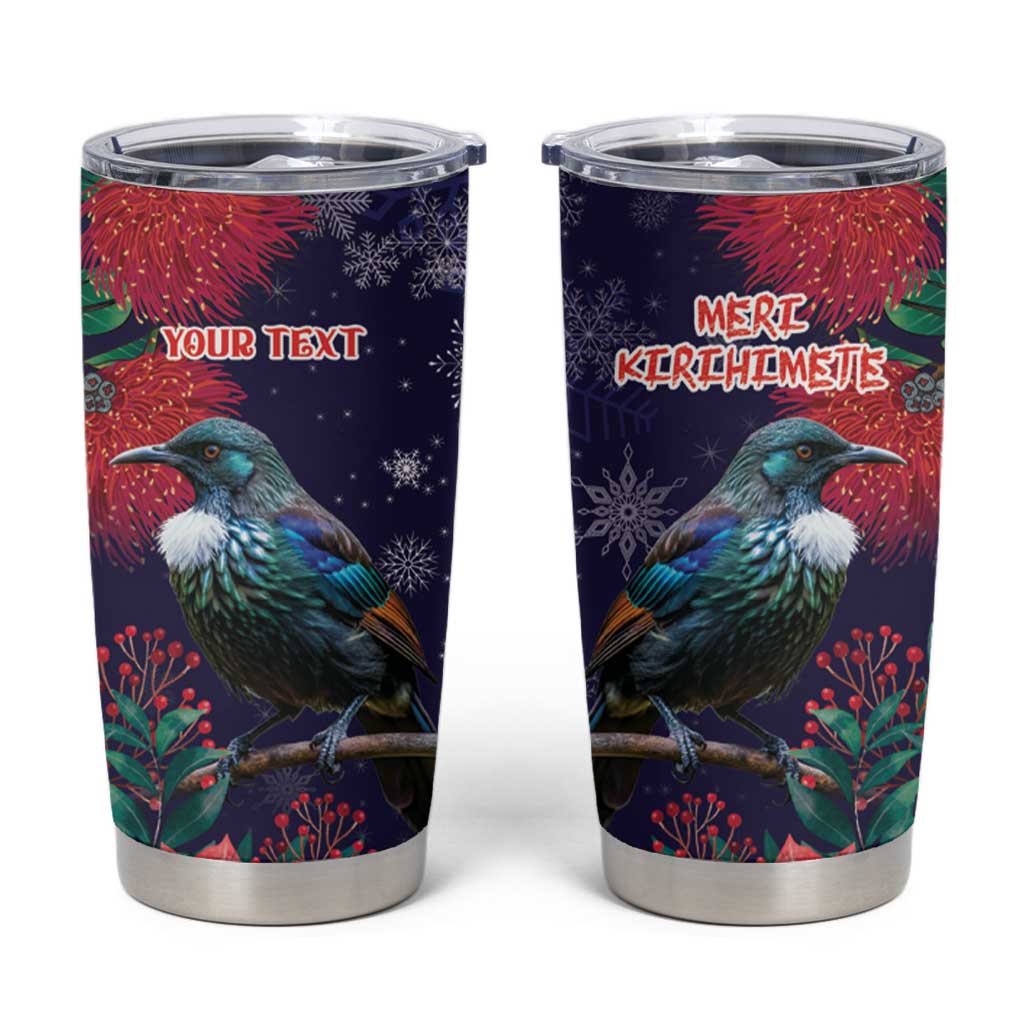 Tui Meri Kirihimete Personalised Tumbler Cup Pohutukawa Flowers Blue Motif - Aussie Hoodie