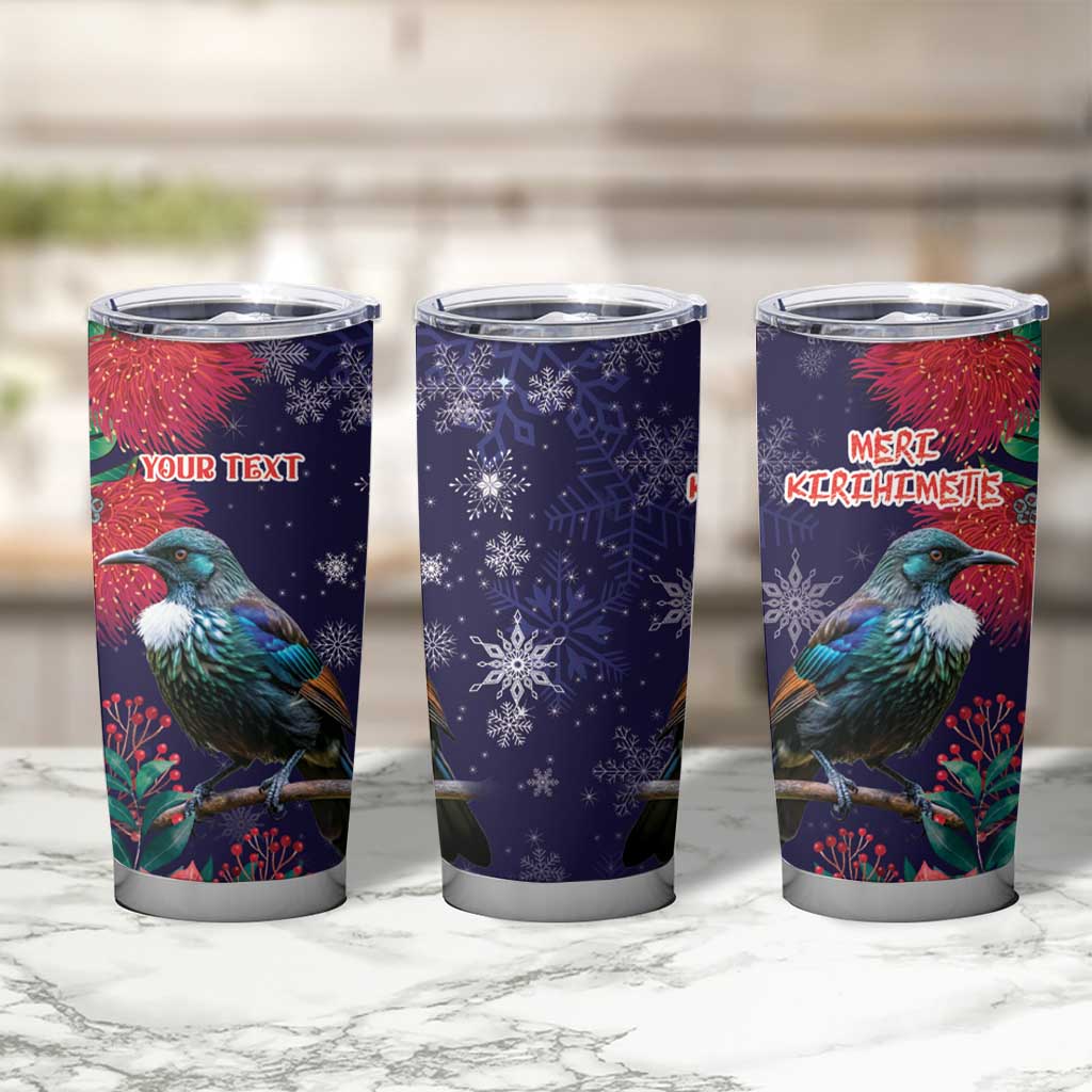 Tui Meri Kirihimete Personalised Tumbler Cup Pohutukawa Flowers Blue Motif - Aussie Hoodie