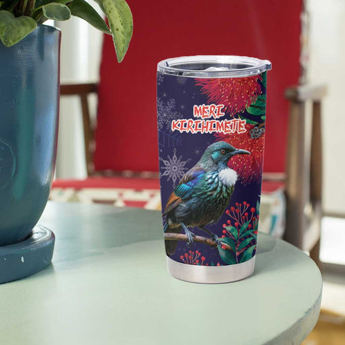 Tui Meri Kirihimete Personalised Tumbler Cup Pohutukawa Flowers Blue Motif - Aussie Hoodie