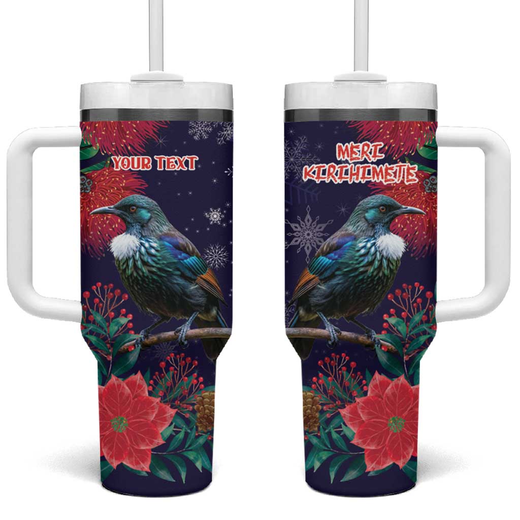 Tui Meri Kirihimete Personalised Tumbler With Handle Pohutukawa Flowers Blue Motif - Aussie Hoodie