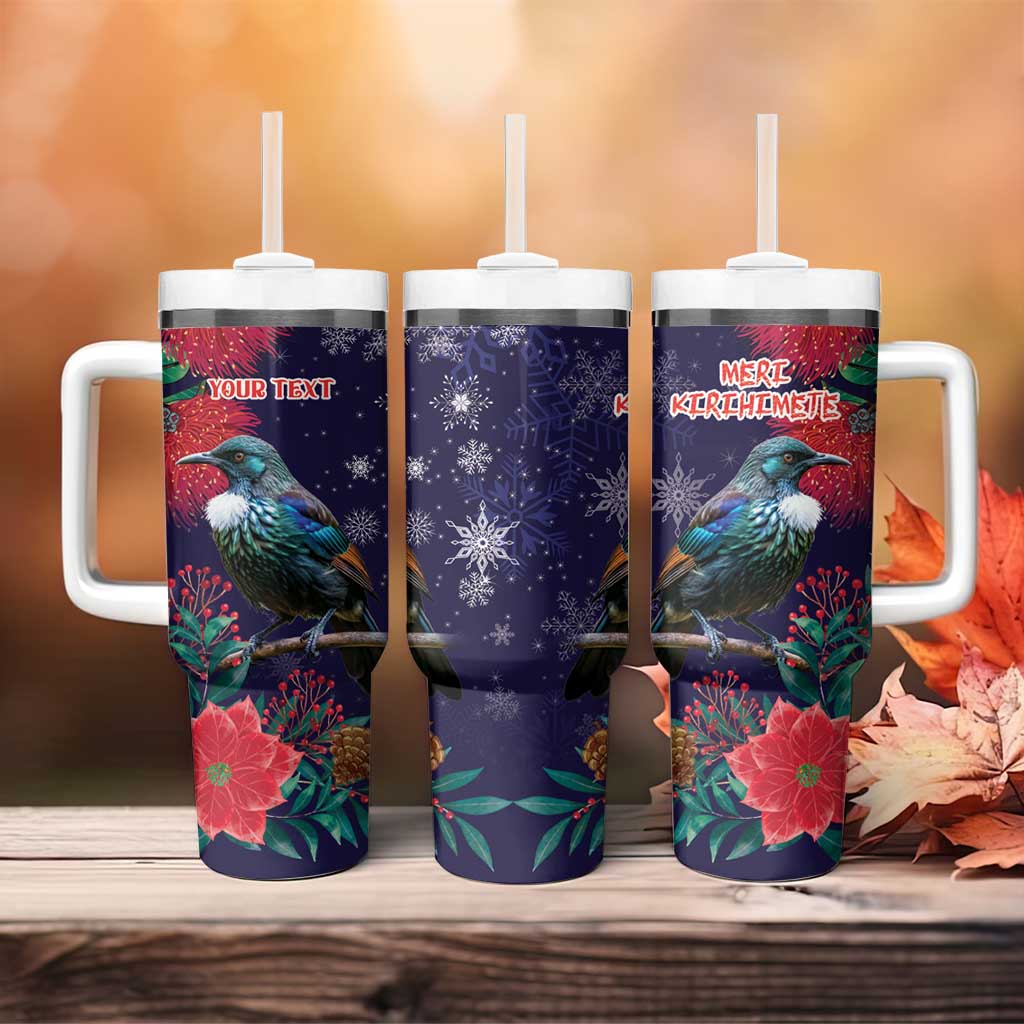 Tui Meri Kirihimete Personalised Tumbler With Handle Pohutukawa Flowers Blue Motif - Aussie Hoodie
