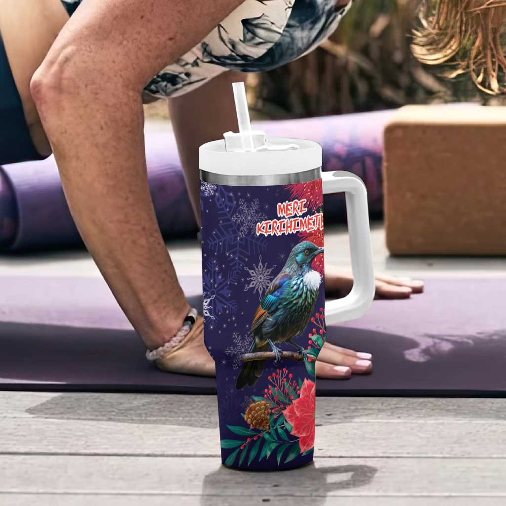 Tui Meri Kirihimete Personalised Tumbler With Handle Pohutukawa Flowers Blue Motif - Aussie Hoodie
