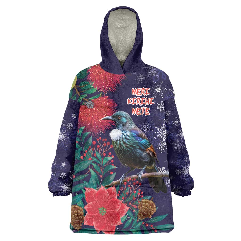 Tui Meri Kirihimete Personalised Wearable Blanket Hoodie Pohutukawa Flowers Blue Motif - Aussie Hoodie