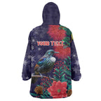 Tui Meri Kirihimete Personalised Wearable Blanket Hoodie Pohutukawa Flowers Blue Motif - Aussie Hoodie