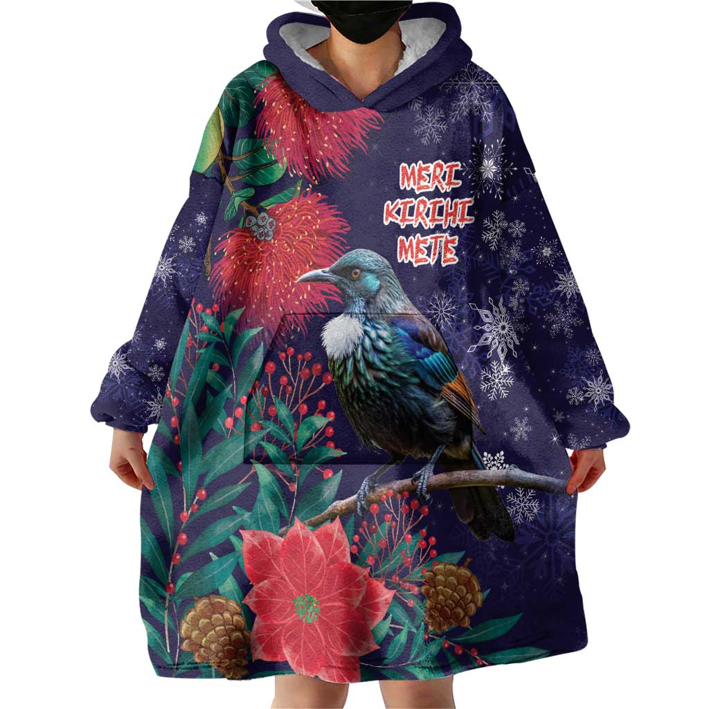Tui Meri Kirihimete Personalised Wearable Blanket Hoodie Pohutukawa Flowers Blue Motif - Aussie Hoodie