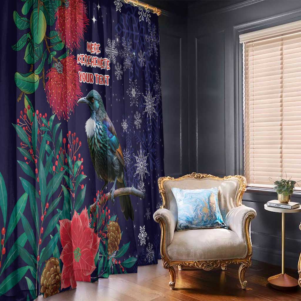 Tui Meri Kirihimete Personalised Window Curtain Pohutukawa Flowers Blue Motif - Aussie Hoodie