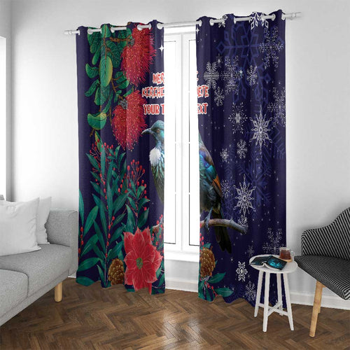 Tui Meri Kirihimete Personalised Window Curtain Pohutukawa Flowers Blue Motif - Aussie Hoodie