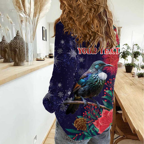 Tui Meri Kirihimete Personalised Women Casual Shirt Pohutukawa Flowers Blue Motif - Aussie Hoodie