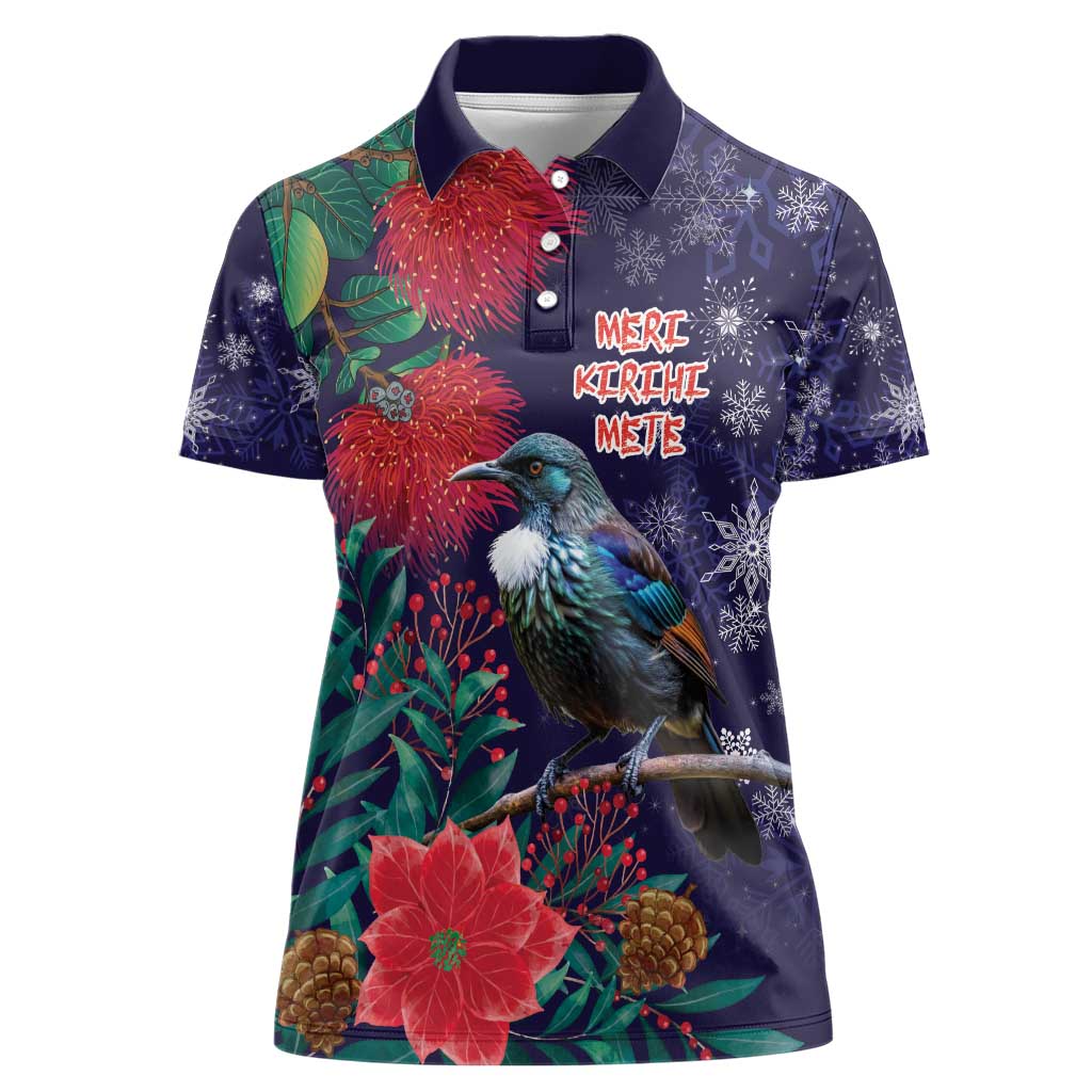 Tui Meri Kirihimete Personalised Women Polo Shirt Pohutukawa Flowers Blue Motif - Aussie Hoodie
