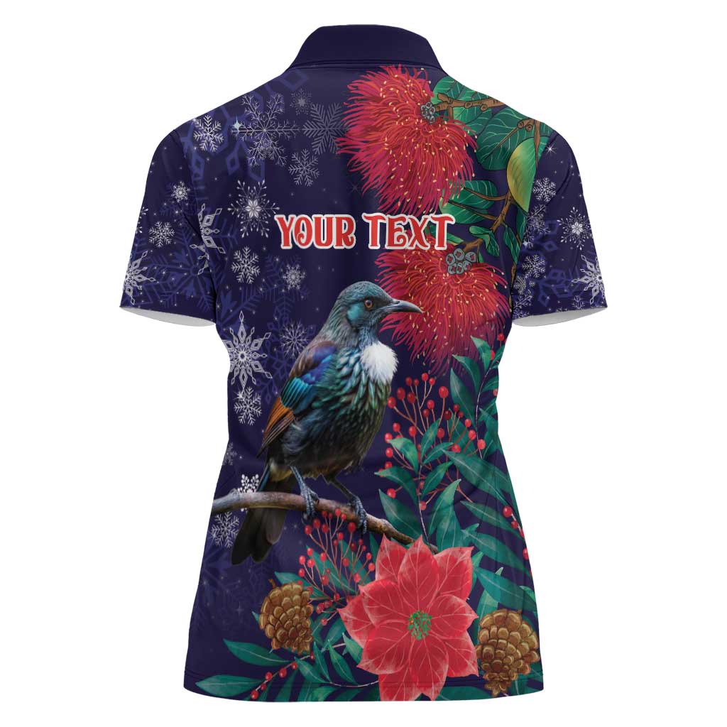 Tui Meri Kirihimete Personalised Women Polo Shirt Pohutukawa Flowers Blue Motif - Aussie Hoodie