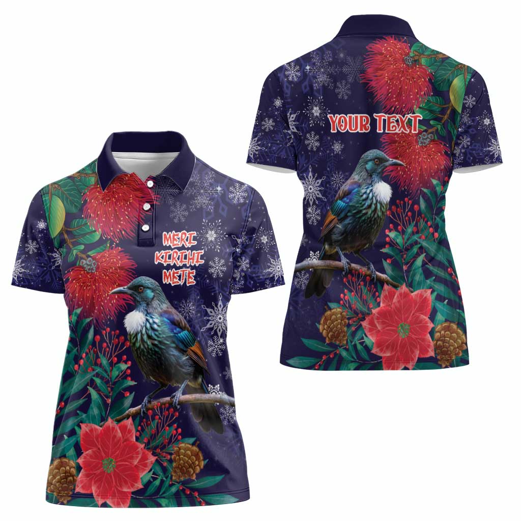 Tui Meri Kirihimete Personalised Women Polo Shirt Pohutukawa Flowers Blue Motif - Aussie Hoodie