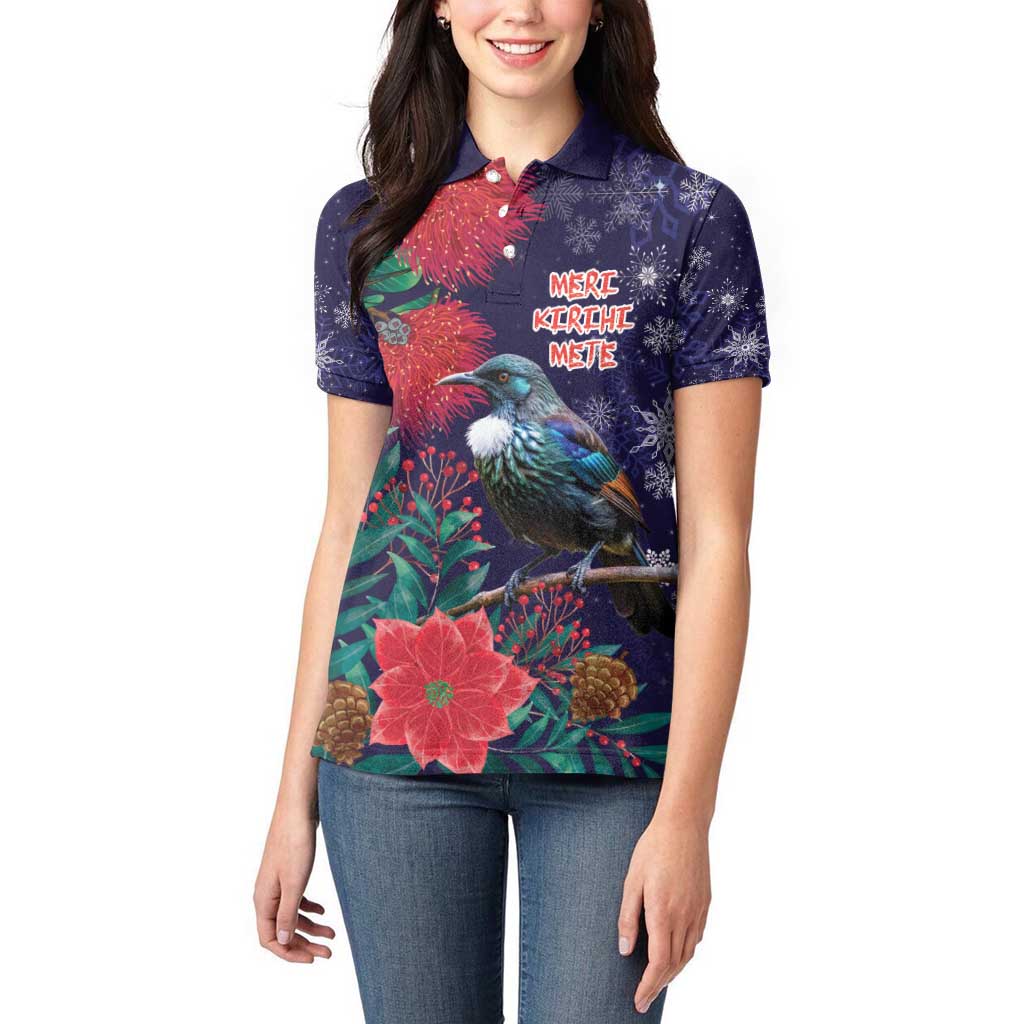 Tui Meri Kirihimete Personalised Women Polo Shirt Pohutukawa Flowers Blue Motif - Aussie Hoodie