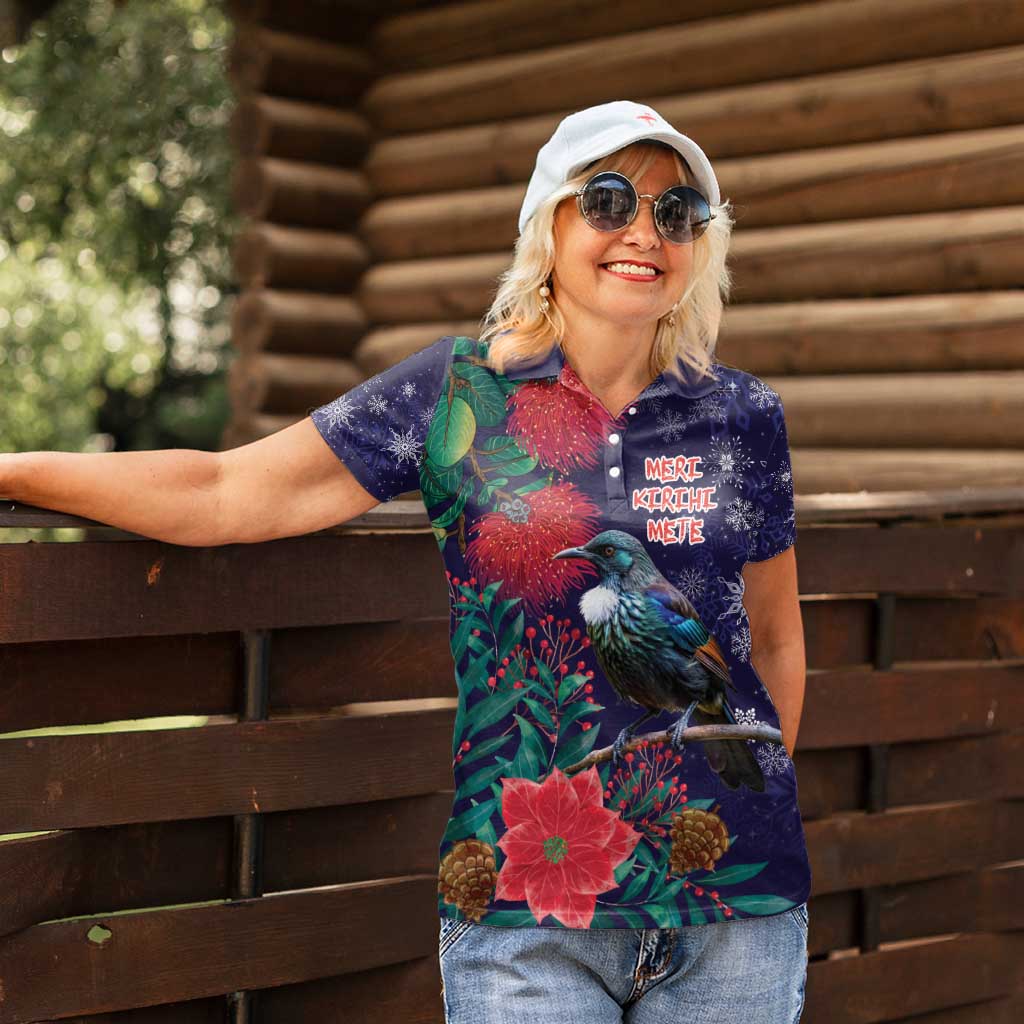 Tui Meri Kirihimete Personalised Women Polo Shirt Pohutukawa Flowers Blue Motif - Aussie Hoodie