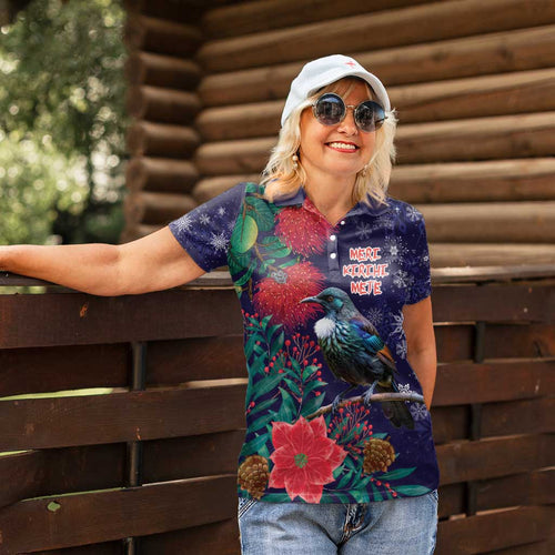 Tui Meri Kirihimete Personalised Women Polo Shirt Pohutukawa Flowers Blue Motif - Aussie Hoodie