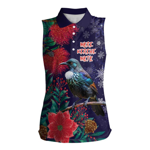 Tui Meri Kirihimete Personalised Women Sleeveless Polo Shirt Pohutukawa Flowers Blue Motif - Aussie Hoodie