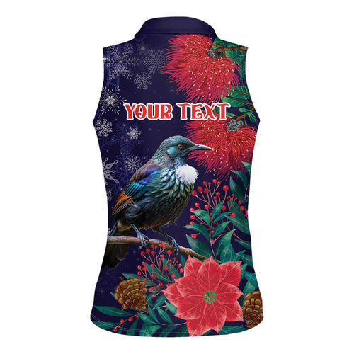 Tui Meri Kirihimete Personalised Women Sleeveless Polo Shirt Pohutukawa Flowers Blue Motif - Aussie Hoodie