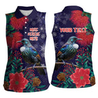 Tui Meri Kirihimete Personalised Women Sleeveless Polo Shirt Pohutukawa Flowers Blue Motif - Aussie Hoodie