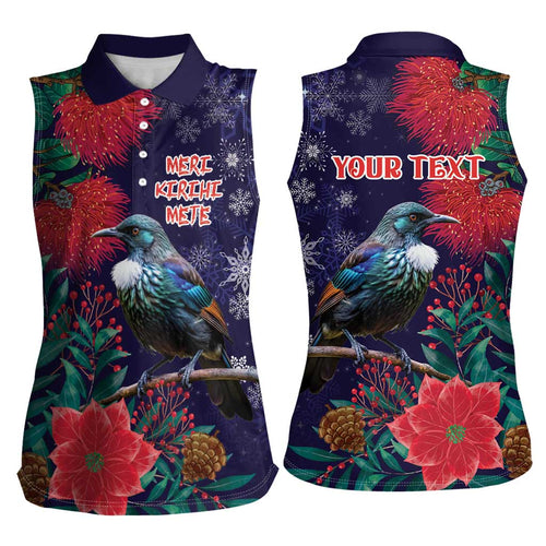 Tui Meri Kirihimete Personalised Women Sleeveless Polo Shirt Pohutukawa Flowers Blue Motif - Aussie Hoodie