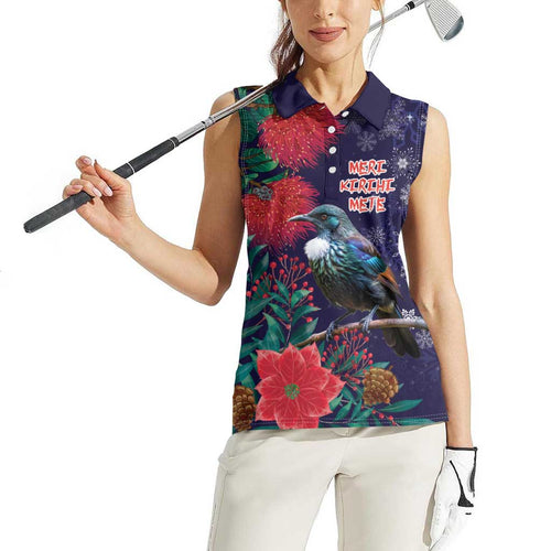 Tui Meri Kirihimete Personalised Women Sleeveless Polo Shirt Pohutukawa Flowers Blue Motif - Aussie Hoodie