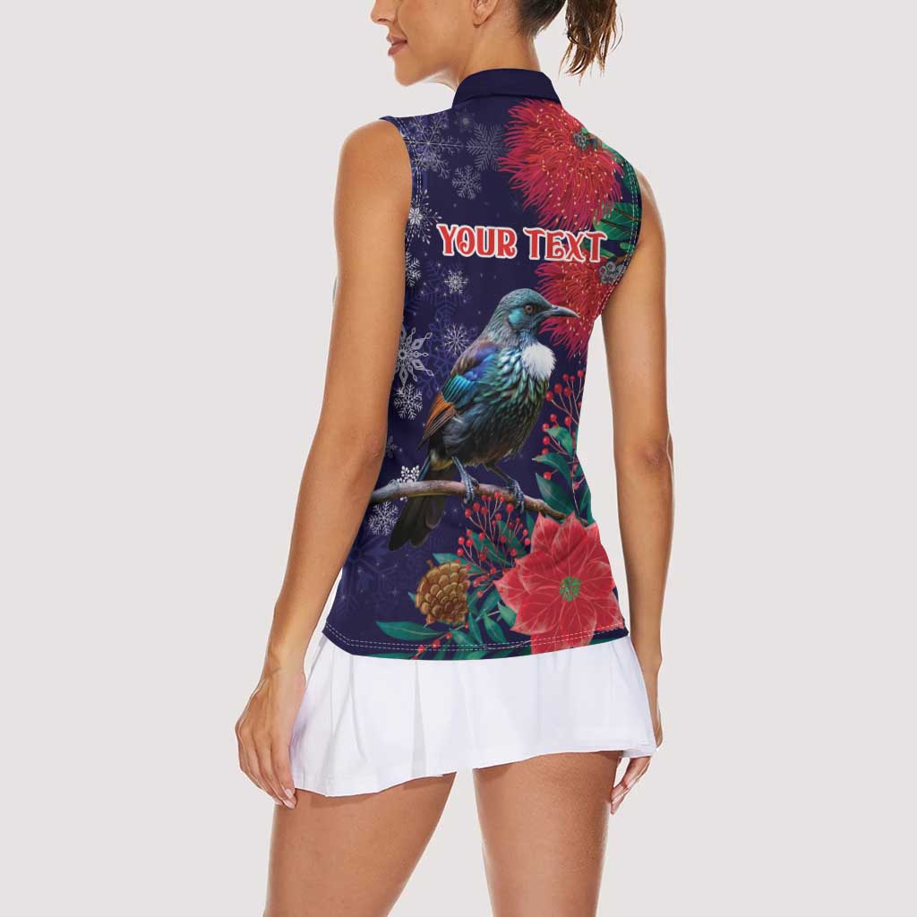 Tui Meri Kirihimete Personalised Women Sleeveless Polo Shirt Pohutukawa Flowers Blue Motif - Aussie Hoodie