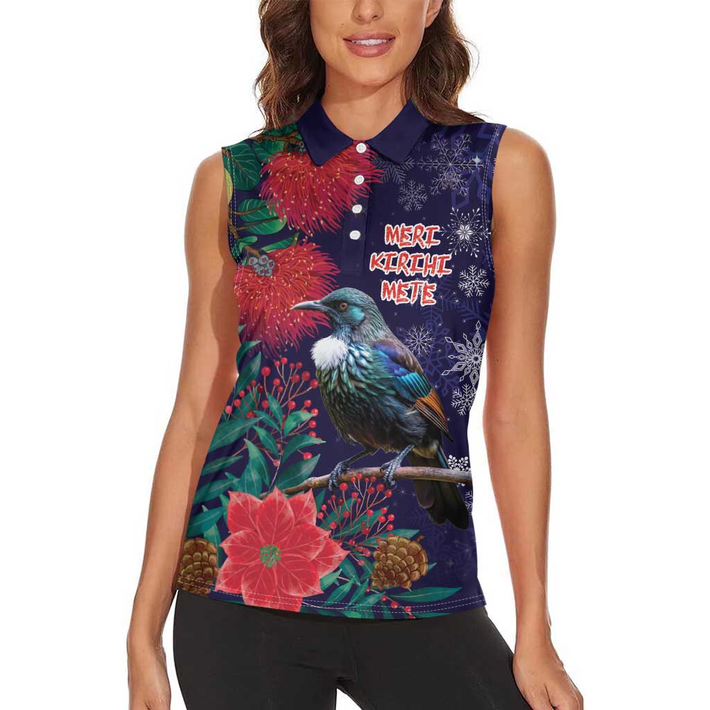 Tui Meri Kirihimete Personalised Women Sleeveless Polo Shirt Pohutukawa Flowers Blue Motif - Aussie Hoodie