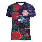 Tui Meri Kirihimete Personalised Women V-Neck T-Shirt Pohutukawa Flowers Blue Motif - Aussie Hoodie