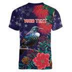 Tui Meri Kirihimete Personalised Women V-Neck T-Shirt Pohutukawa Flowers Blue Motif - Aussie Hoodie