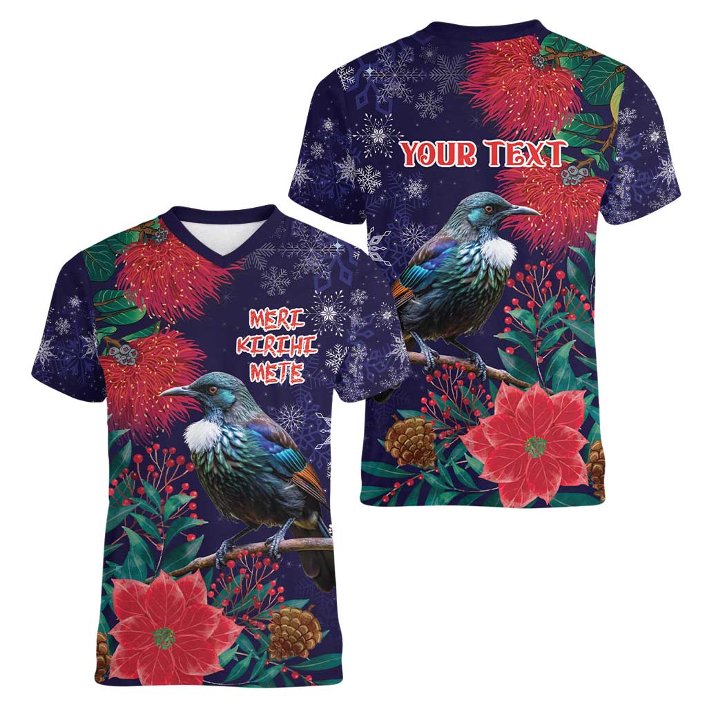 Tui Meri Kirihimete Personalised Women V-Neck T-Shirt Pohutukawa Flowers Blue Motif - Aussie Hoodie