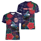 Tui Meri Kirihimete Personalised Women V-Neck T-Shirt Pohutukawa Flowers Blue Motif - Aussie Hoodie