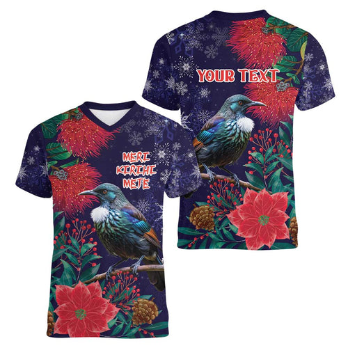Tui Meri Kirihimete Personalised Women V-Neck T-Shirt Pohutukawa Flowers Blue Motif - Aussie Hoodie