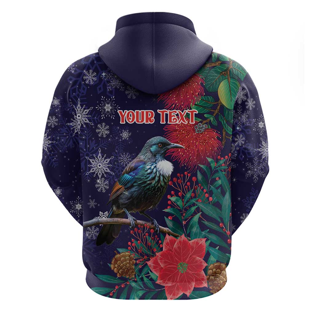 Tui Meri Kirihimete Personalised Zip Hoodie Pohutukawa Flowers Blue Motif - Aussie Hoodie