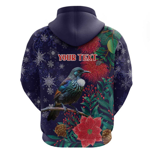 Tui Meri Kirihimete Personalised Zip Hoodie Pohutukawa Flowers Blue Motif - Aussie Hoodie