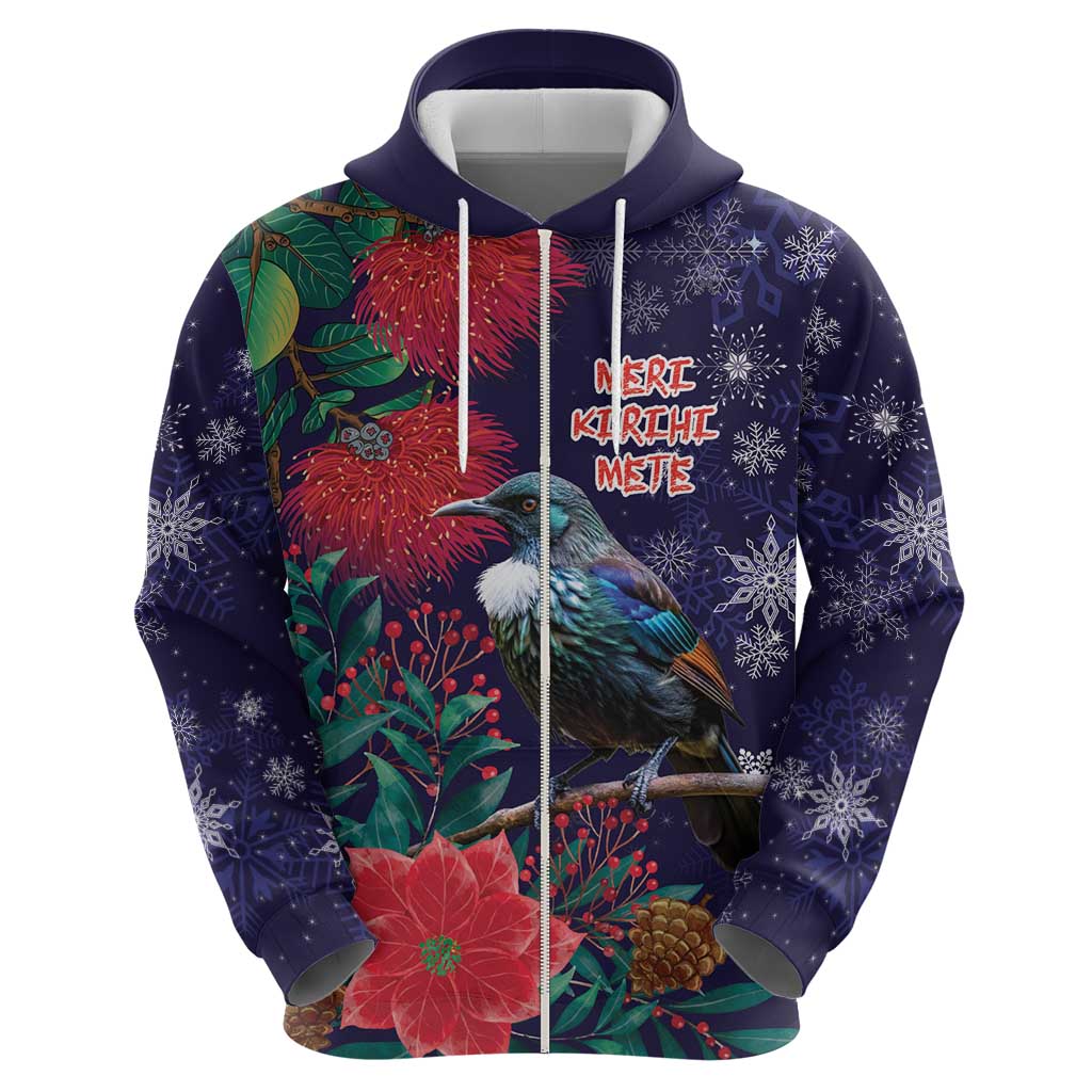 Tui Meri Kirihimete Personalised Zip Hoodie Pohutukawa Flowers Blue Motif - Aussie Hoodie