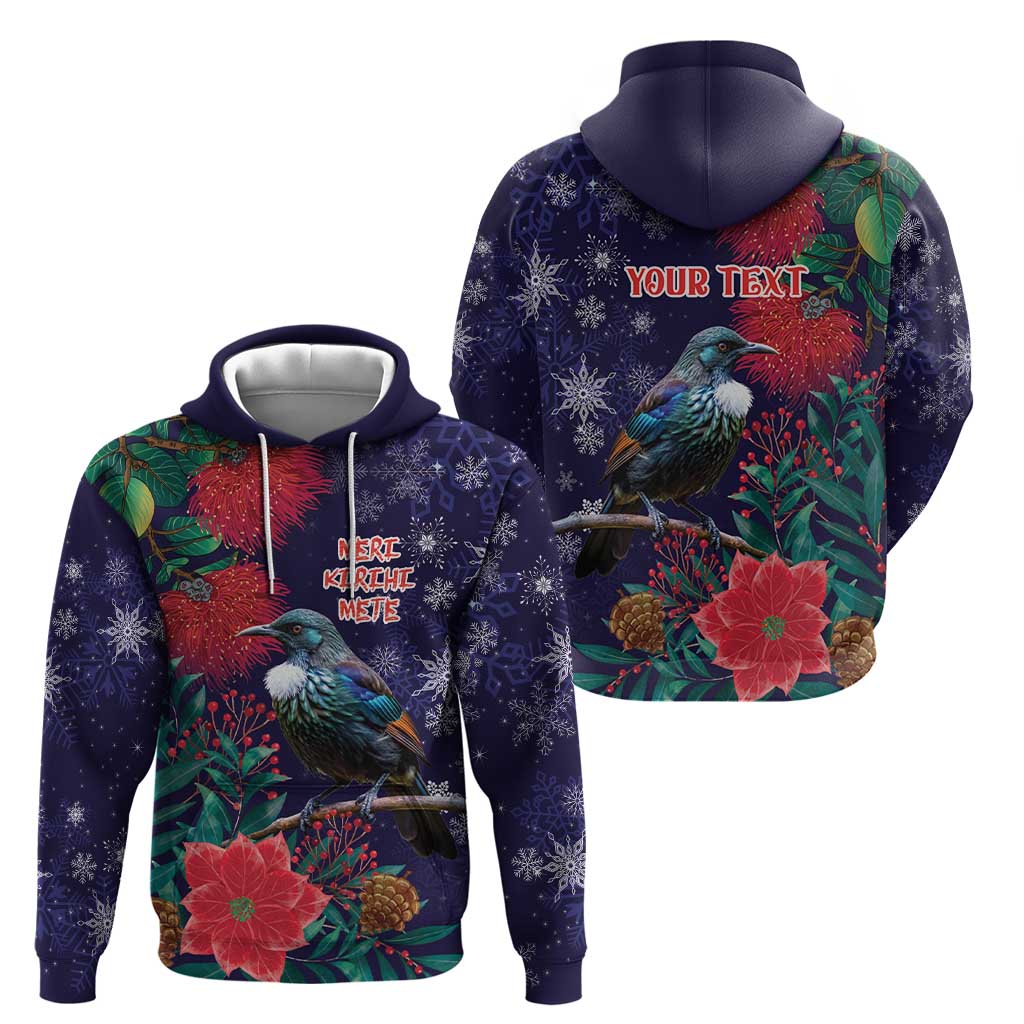 Tui Meri Kirihimete Personalised Zip Hoodie Pohutukawa Flowers Blue Motif - Aussie Hoodie