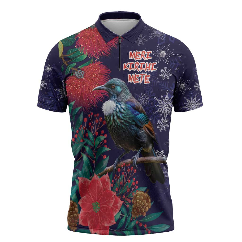 Tui Meri Kirihimete Personalised Zipper Polo Shirt Pohutukawa Flowers Blue Motif - Aussie Hoodie