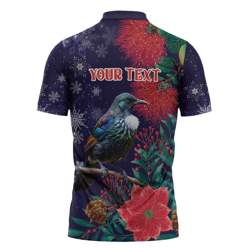 Tui Meri Kirihimete Personalised Zipper Polo Shirt Pohutukawa Flowers Blue Motif - Aussie Hoodie