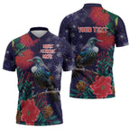 Tui Meri Kirihimete Personalised Zipper Polo Shirt Pohutukawa Flowers Blue Motif - Aussie Hoodie
