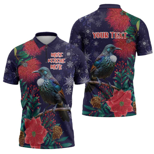 Tui Meri Kirihimete Personalised Zipper Polo Shirt Pohutukawa Flowers Blue Motif - Aussie Hoodie