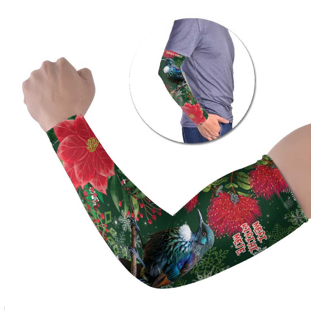 Tui Meri Kirihimete Personalised Arm Sleeves Pohutukawa Flowers Green Motif - Aussie Hoodie