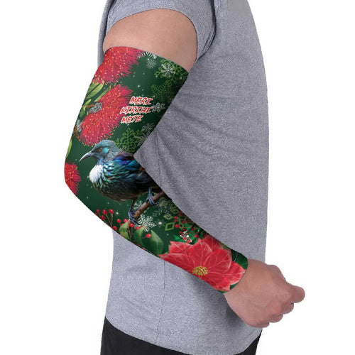 Tui Meri Kirihimete Personalised Arm Sleeves Pohutukawa Flowers Green Motif - Aussie Hoodie