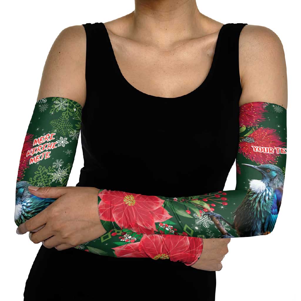 Tui Meri Kirihimete Personalised Arm Sleeves Pohutukawa Flowers Green Motif - Aussie Hoodie