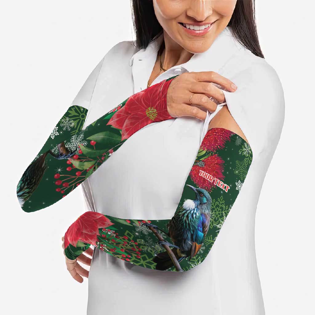 Tui Meri Kirihimete Personalised Arm Sleeves Pohutukawa Flowers Green Motif - Aussie Hoodie