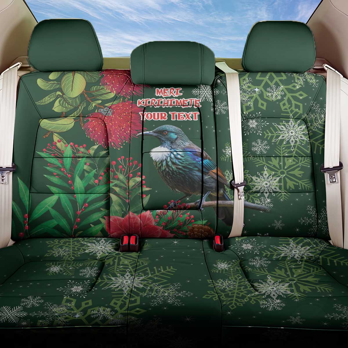 Tui Meri Kirihimete Personalised Back Car Seat Cover Pohutukawa Flowers Green Motif - Aussie Hoodie