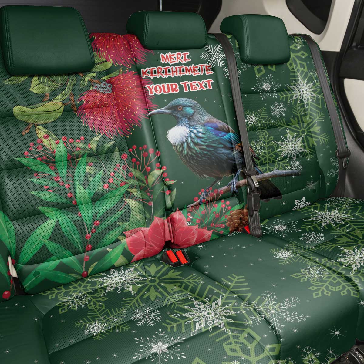 Tui Meri Kirihimete Personalised Back Car Seat Cover Pohutukawa Flowers Green Motif - Aussie Hoodie