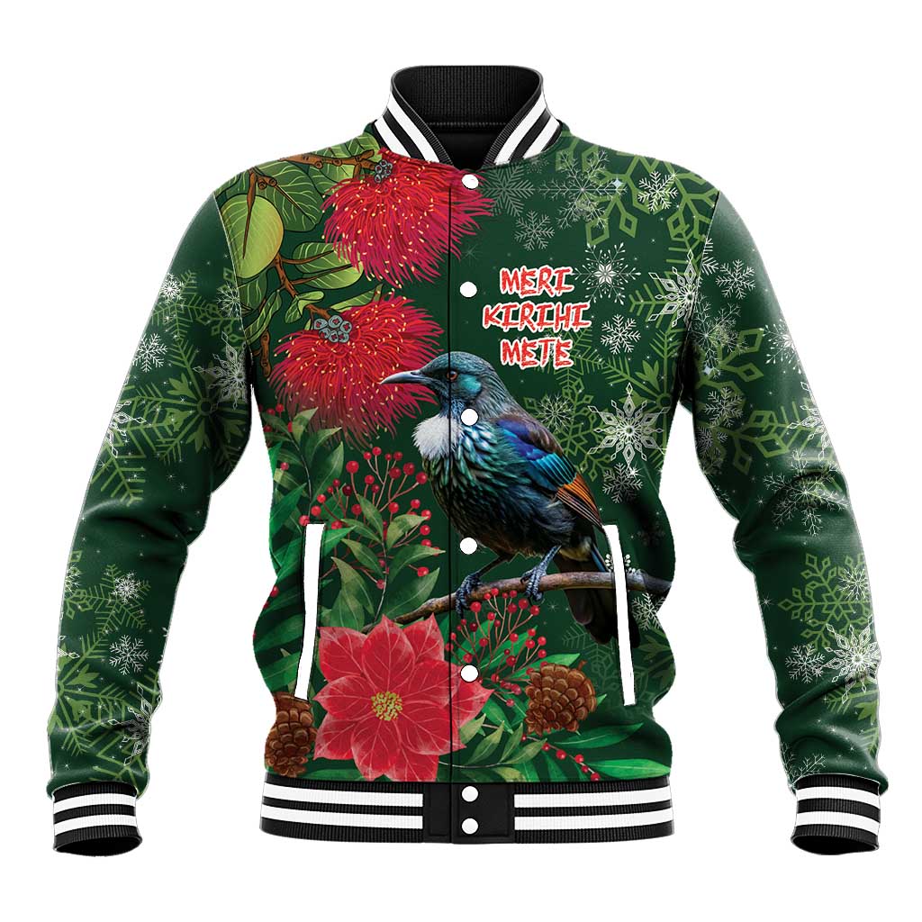 Tui Meri Kirihimete Personalised Baseball Jacket Pohutukawa Flowers Green Motif - Aussie Hoodie