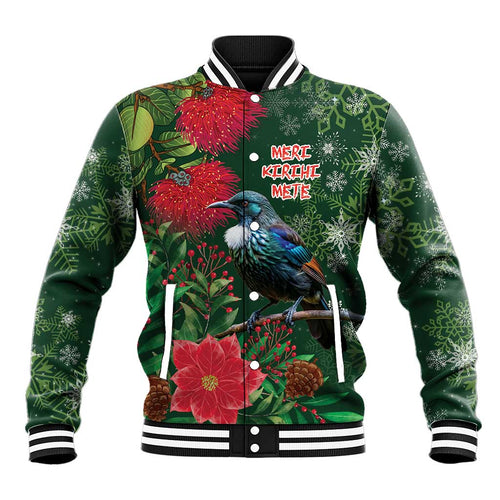 Tui Meri Kirihimete Personalised Baseball Jacket Pohutukawa Flowers Green Motif - Aussie Hoodie