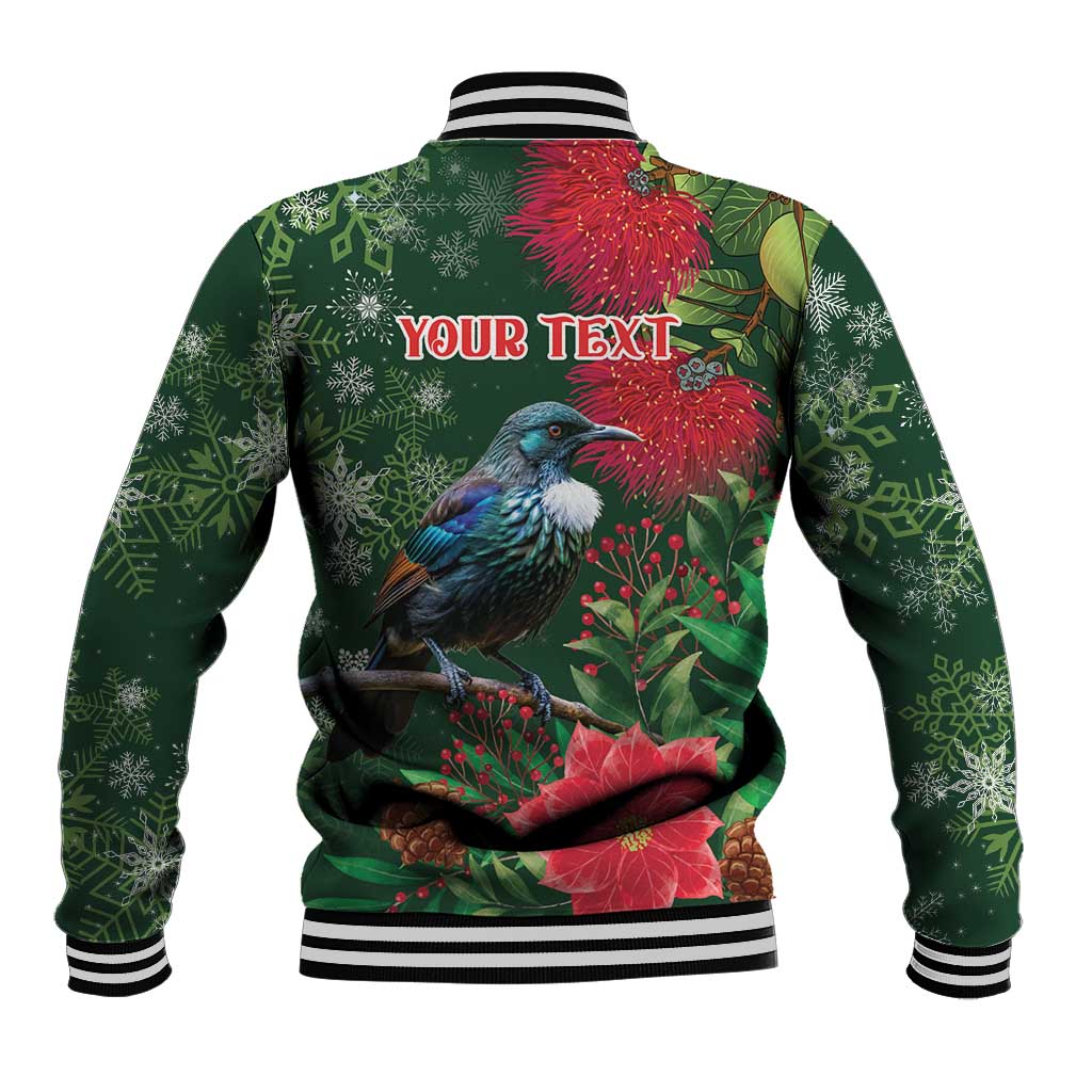 Tui Meri Kirihimete Personalised Baseball Jacket Pohutukawa Flowers Green Motif - Aussie Hoodie