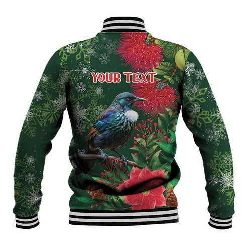 Tui Meri Kirihimete Personalised Baseball Jacket Pohutukawa Flowers Green Motif - Aussie Hoodie