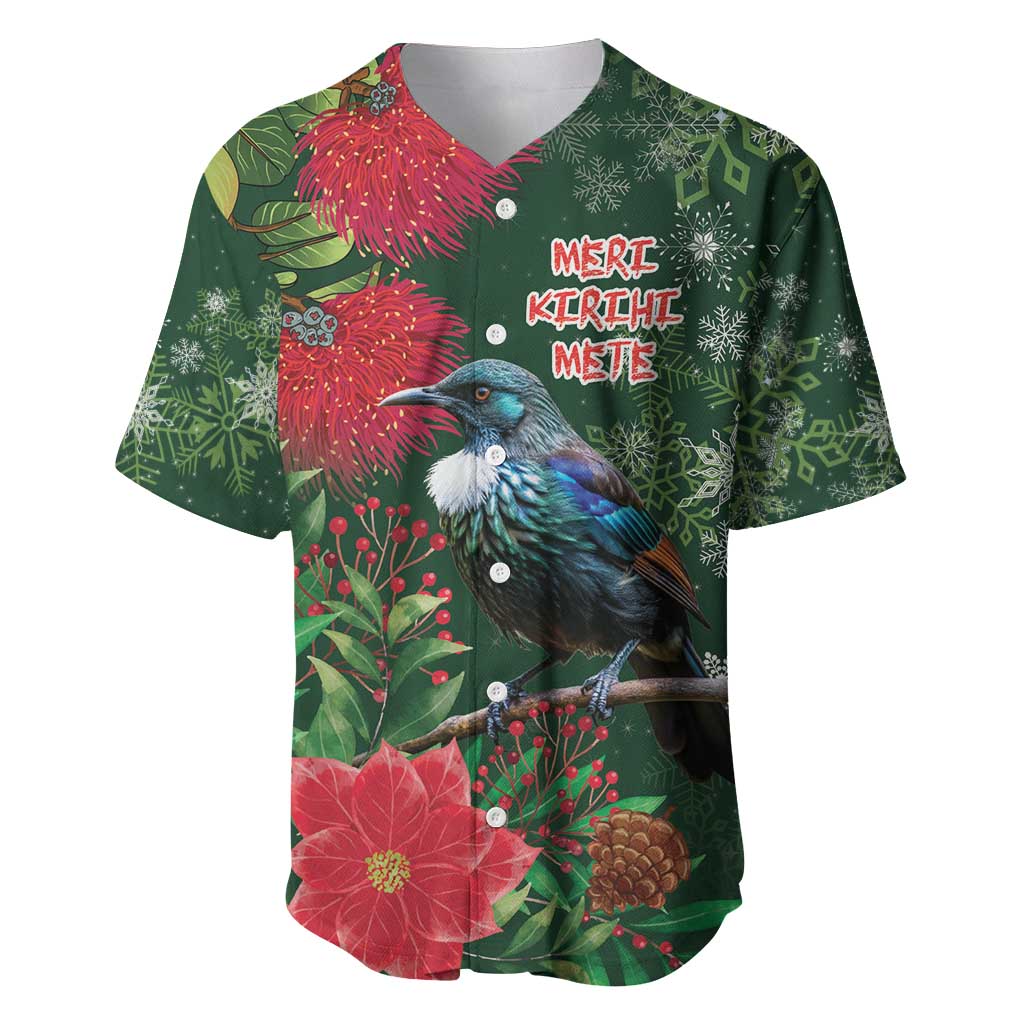 Tui Meri Kirihimete Personalised Baseball Jersey Pohutukawa Flowers Green Motif - Aussie Hoodie